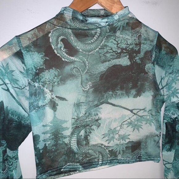 PrettyLittleThing Crop Top Size 4 Emerald Long Sleeve Chinese Dragon Mesh Ruched - Picture 7 of 8